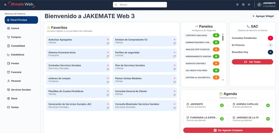 Panel principal del ERP de JKMATE, con favoritos, paneles de gestión y agenda